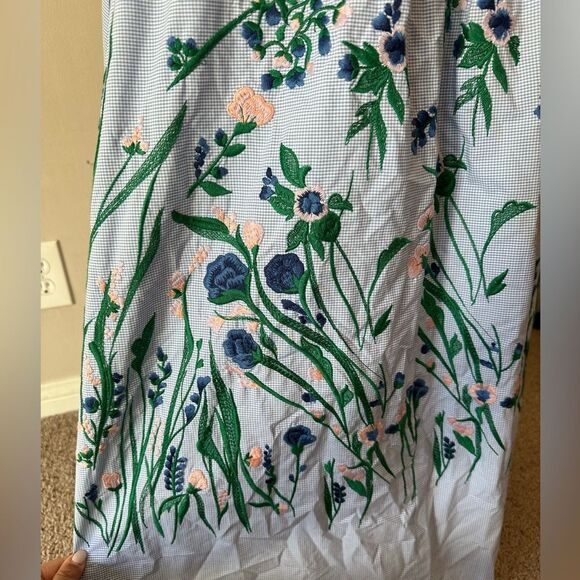 Lela Rose Blue Checker Flower Embroidered Sleeveless Maxi Women's Dress size 10 - Picture 6 of 12